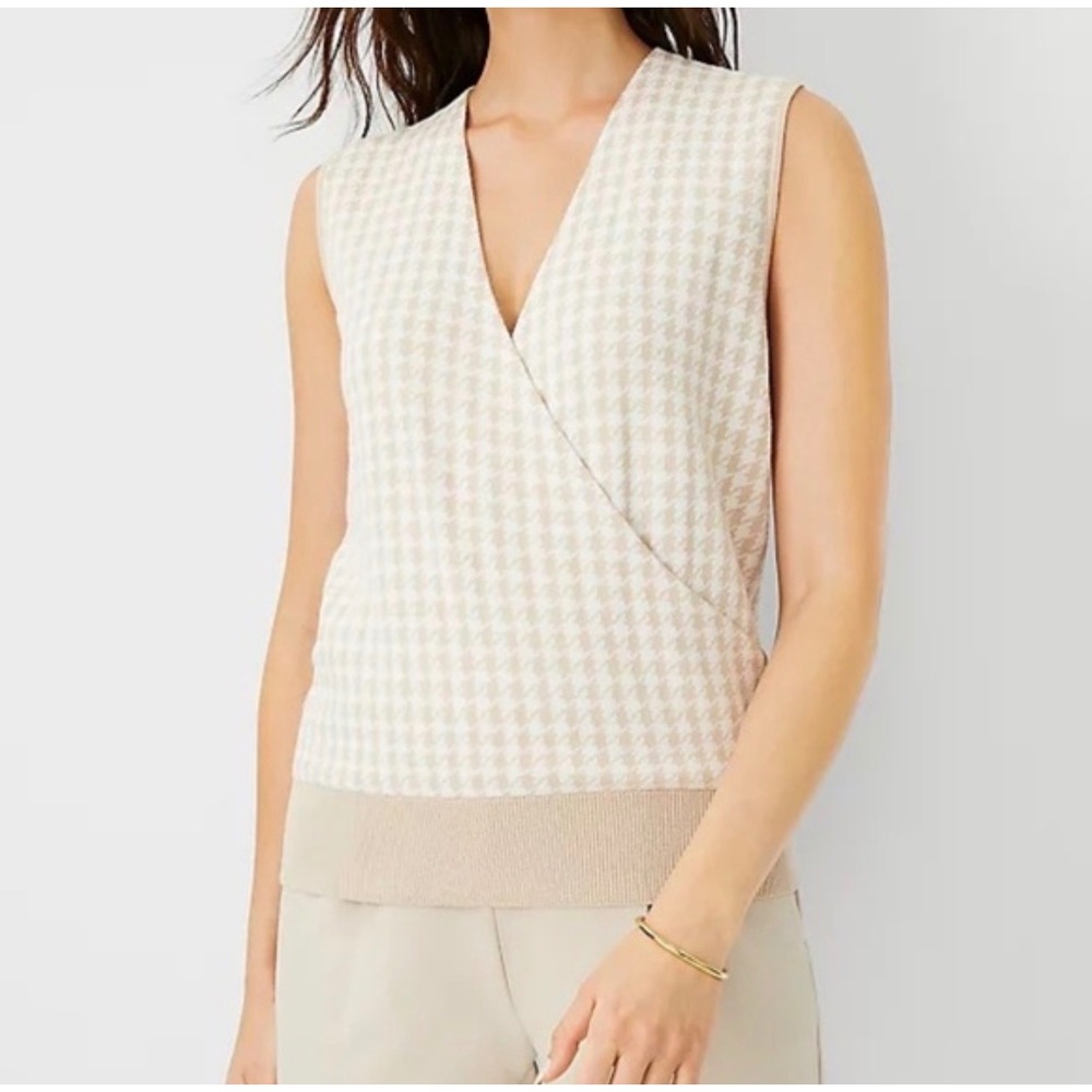 Ann Taylor Womens Beige Houndstooth Wrap V-Neck Knit Sweater‎ Vest Size S